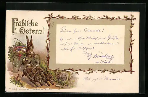 AK Osterhasen ziehen einen Eierwagen