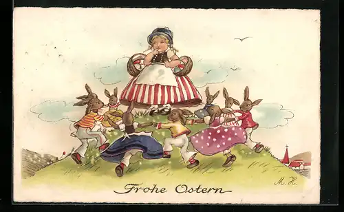 AK Osterhasen tanzen Ringelreihen