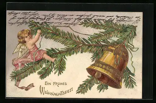AK Weihnachtsengel sitzt auf einem Tannenzweig