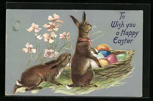 AK Osterhasen mit Ostereierkörbchen