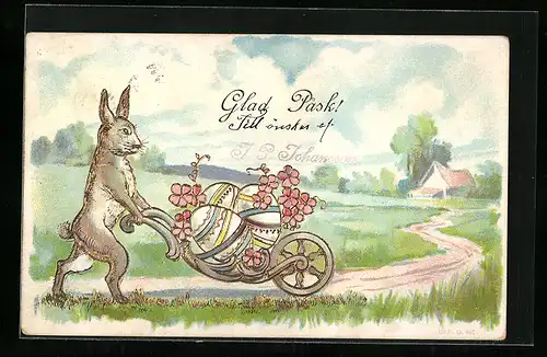 AK Osterhase schiebt einen Osterei-Karren