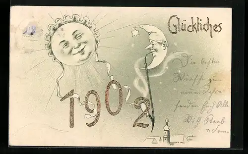 AK Jahreszahl 1902, Pfeife rauchender Mond