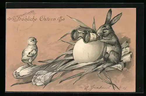 AK Osterhase beobachtet Küken mit Fernglas