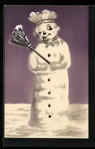 AK Schneemann mit Besen im Schnee