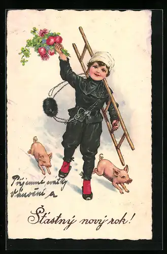 AK Schornsteinfeger mit Glücksschweinen