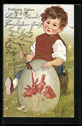 AK Junge bemalt Ei mit Osterhasen-Motiv