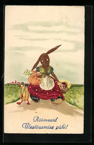 AK Osterhase in Begleitung von einem Küken