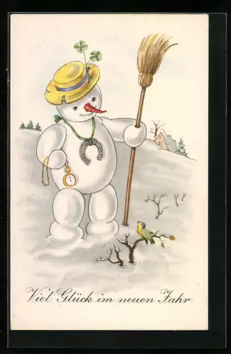 AK Schneemann mit Hufeisen und Hut