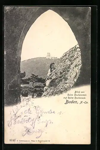 AK Baden /N.-Oe., Blick von Ruine Rauhenstein auf Ruine Rauheneck