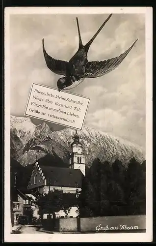 AK Absam, Ortspartie mit Blick zur Kirche und Schwalbenmotiv