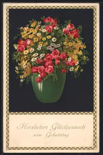 Künstler-AK Meissner & Buch (M&B) Nr. 1850: Rotgelber Strauss in grüner Vase, Glückwunschkarte