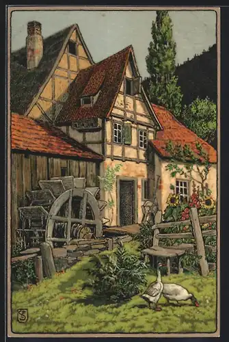 Künstler-AK Meissner & Buch (M&B) Nr. 1533: Gänse vor einer alten Wassermühle