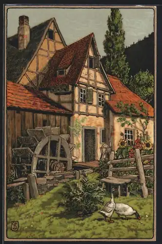 Künstler-AK Meissner & Buch (M&B) Nr. 1533: Gänse vor einer alten Wassermühle