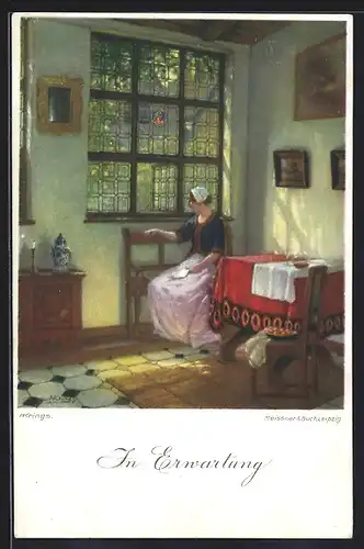 Künstler-AK sign. Krings: In Erwartung, Frau sitzt am offenen Fenster