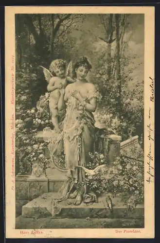 Künstler-AK Hans Zatzka: Der Protektor, Frau im Kleid mit Amor