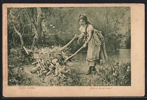 Künstler-AK Hans Zatzka: Dame kippt eine Schubkarre mit Amor darin um