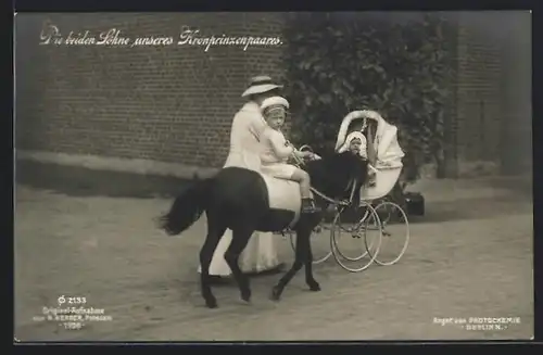 AK Kinder des Kronprinzen Wilhelm von Preussen auf einem Pony und im Kinderwagen