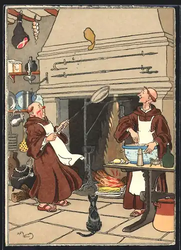 Künstler-AK sign. B. Eliott: Mönche in der Küche