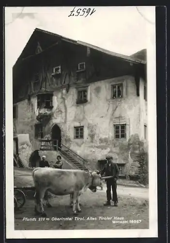 AK Pfunds im Oberinntal, Altes Tiroler Haus, Bauernfamilie mit Rind