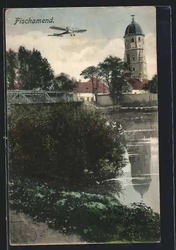 AK Fischamend, Flugzeug überm Ort, Turm am Wasser