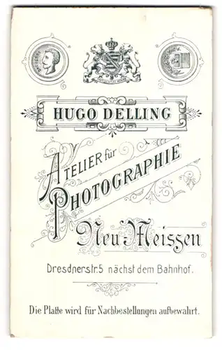 Fotografie Hugo Delling, Meissen i. Sa., königlich sächsisches Wappen über der Anschrift des Ateliers