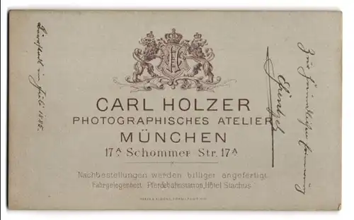 Fotografie Carl Holzer, München, Schommer Str. 17a, königlich bayrisches Wappen über Anschrift des Ateliers