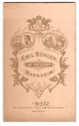 Fotografie Emil Bühler, Mannheim, königliches Wappen mit Medaillen über Anschrift des Ateliers