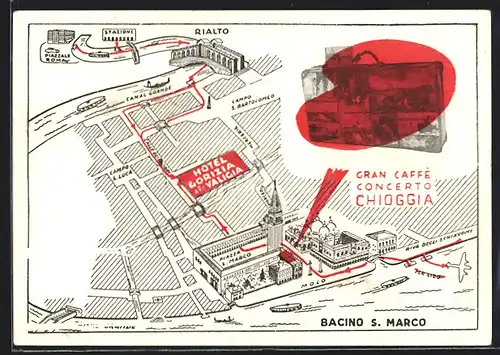 AK Venezia, Stadtplan mit Rialto und Gran Caffe Concerto Chioggia