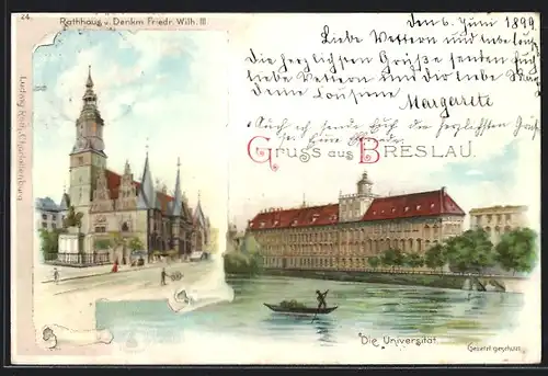 Lithographie Breslau, Universität, Rathaus und Denkmal Friedrich Wilhelm III.