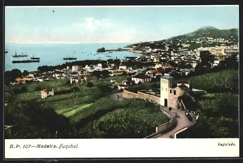 AK Funchal /Madeira, Ortsansicht mit Seeblick aus der Vogelschau