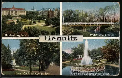 AK Liegnitz, Hindenburgplatz, Löwen-Denkmal mit Königsallee, Partie am Katzbach