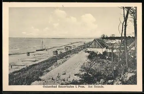 AK Bauerhufen, Am Strande mit Segelboot und Strandkörben