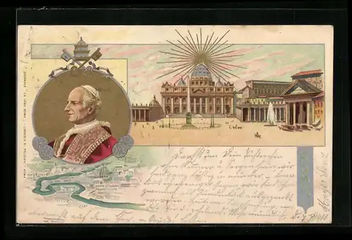 Lithographie Portrait Papst Leo XIII., Petersplatz in Rom