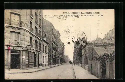 AK Bécon-les-Bruyères, Rue Edith Cavell et la Poste