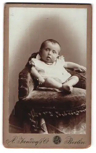 Fotografie A. Jandorf & Co., Berlin, Portrait niedliches Kleinkind im weissen Kleidchen