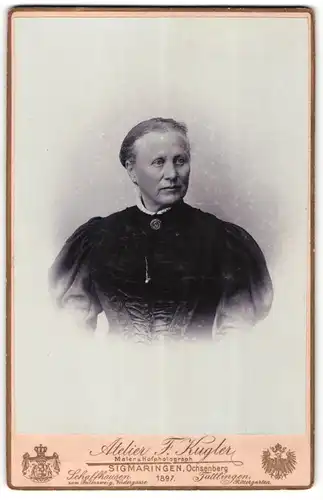 Fotografie F. Kugler, Sigmaringen, Portrait ältere Dame im eleganten Kleid mit Kragenbrosche