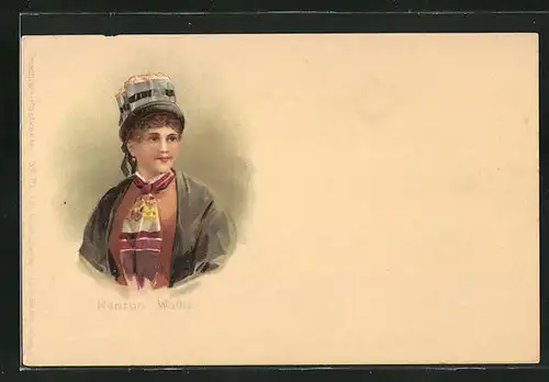Lithographie Wallis, Frau in Trachtenkleidung