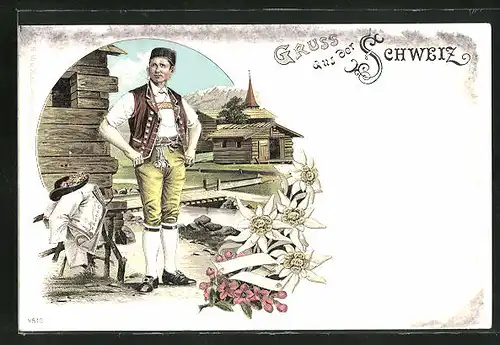 Lithographie Schweiz, Mann in Tracht vor einem Holzhaus mit Alpenblumen