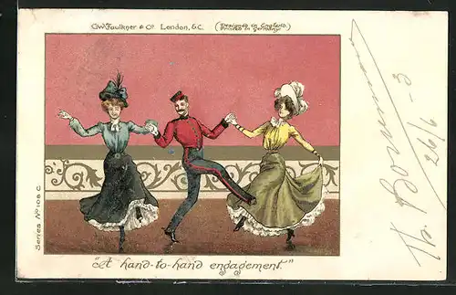 AK A hand-to-hand engagement, Page tanzt mit zwei Damen