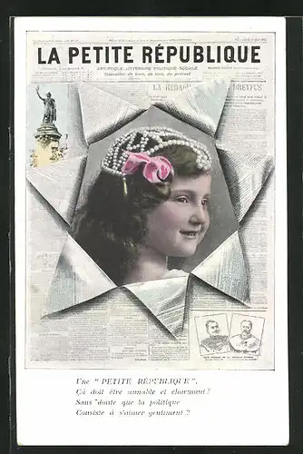 AK Zeitung La Petite Republique, Mädchenportrait in einem eingerissenen Zeitungsblatt