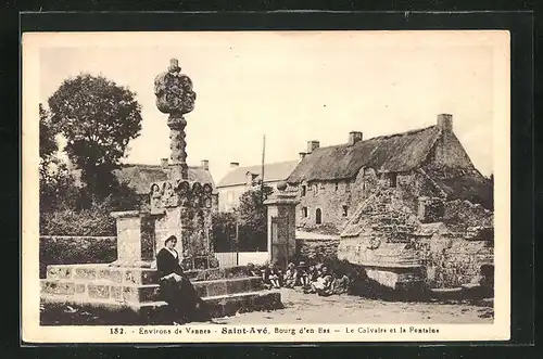 AK Saint-Ave, Bourg d'en Bas, le Calvaire et la Fontaine