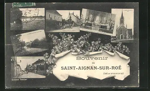 Passepartout-AK Saint-Aignan-sur-Roé, Kirche mit Innenansicht und Strassenpartien