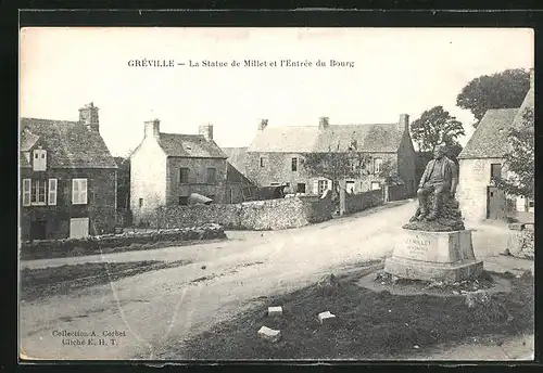 AK Greville, La Statue de Millet et l`Entree du Bourg