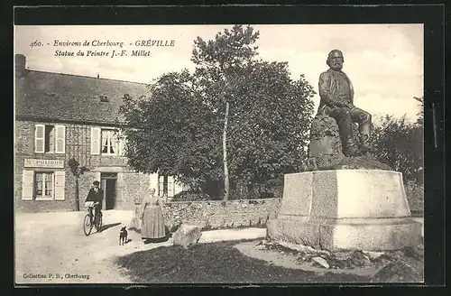 AK Greville, Statue du Peintre J. F. Millet, Boutique Pollidor