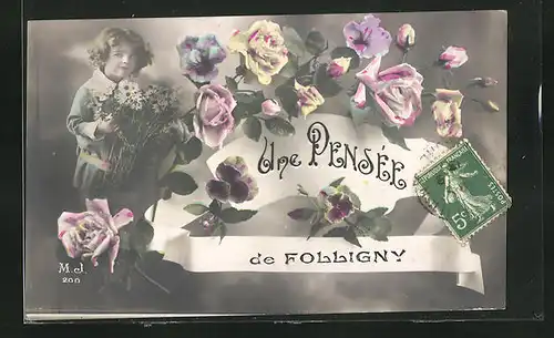 AK Folligny, Une Pensee, niedliches Mädchen mit Blumen