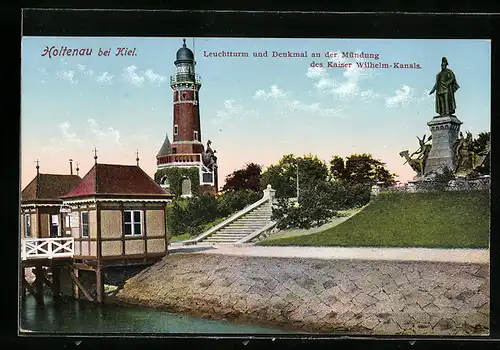 AK Holtenau bei Kiel, Leuchtturm und Denkmal an der Mündung des Kaiser Wilhelm-Kanals