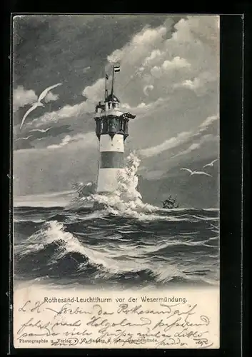 Künstler-AK Rothesandleuchtthurm vor der Wesermündung bei Sturm