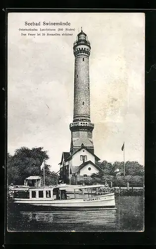 AK Swinemünde, Osternothafen Leuchtturm mit Dampfer