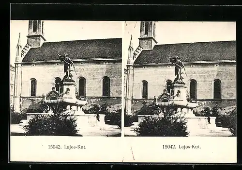 Stereo-AK Lajos-Kut, Kirche mit Brunnen
