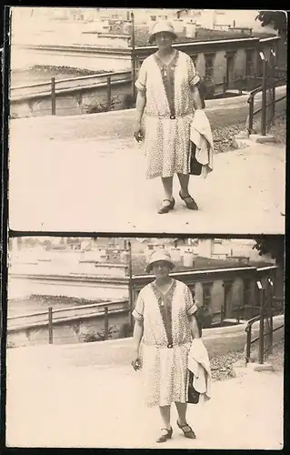 Stereo-AK Dame im Kleid läuft elegant über die Strasse